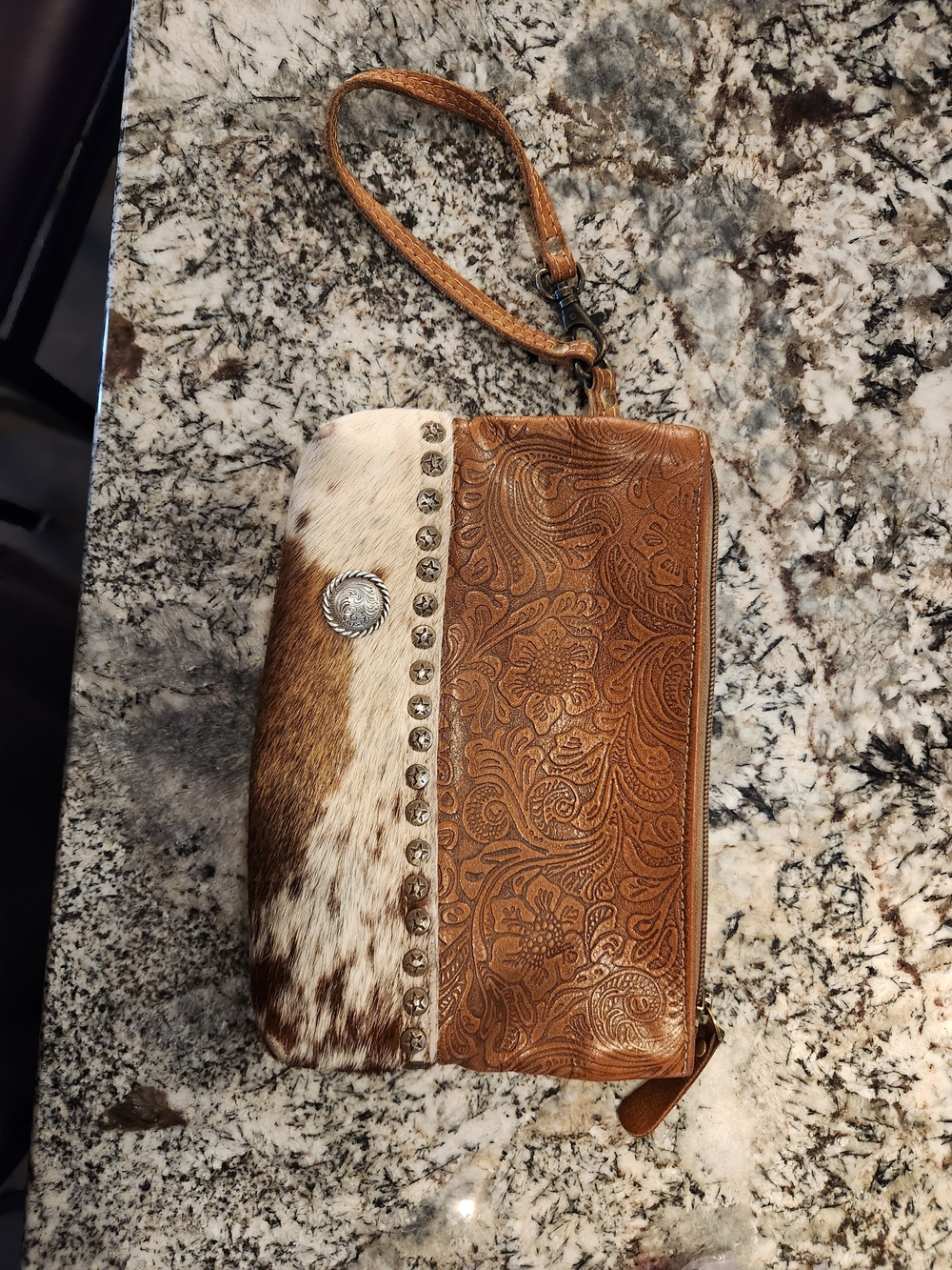 Myra Western Tooled Leather & Cowhide Wristlet Wallet - Brown